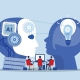 Illustration of AI and human collaboration with robotic and human heads and people working on computers