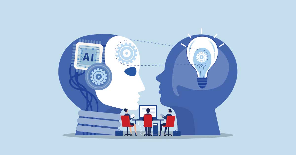 Illustration of AI and human collaboration with robotic and human heads and people working on computers