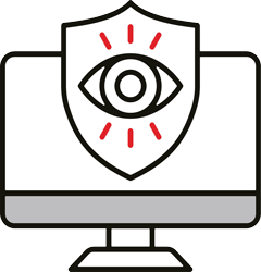 Continuous Security Monitoring Icon - Magnifying Glass with Alert and Support Symbols