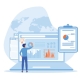 Flat vector illustration showing a business intelligence concept with charts, dashboards, and data analytics elements, representing data-driven strategy for mid-sized companies.