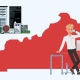 Louisville Geek employee over Kentucky state outline with IT hardware collage, representing local managed IT support