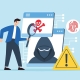 Flat illustration of a man using a magnifying glass to investigate cyber threats and digital attacks.
