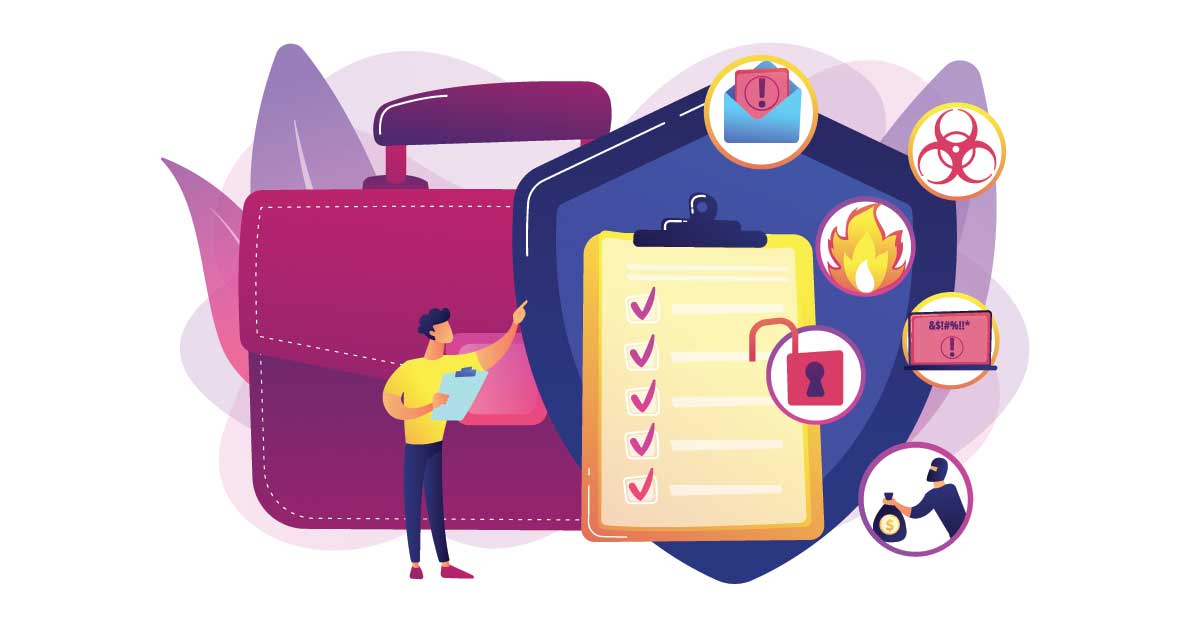 Illustration representing business continuity and disaster recovery strategy, including risk management and trouble minimization.