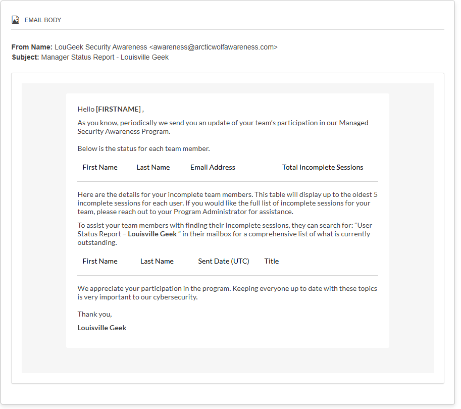 Email template showing manager notification of employee incomplete security awareness training sessions