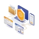 Illustration of a laptop protected by a security shield icon connected to folders, mobile devices, and data dashboards representing Sophos MDR and Microsoft 365 Response Actions for cybersecurity.