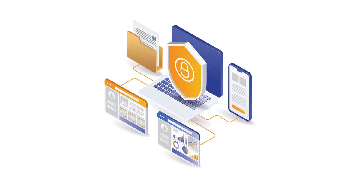 Illustration of a laptop protected by a security shield icon connected to folders, mobile devices, and data dashboards representing Sophos MDR and Microsoft 365 Response Actions for cybersecurity.