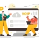 Illustration of VoIP telephony system showing internet-based phone communication and network integration