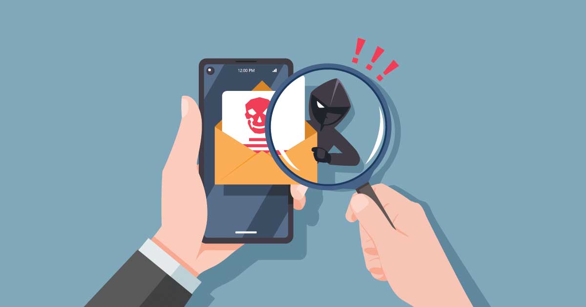 Phishing email attack illustration showing hacker stealing private data from smartphone for cybersecurity awareness