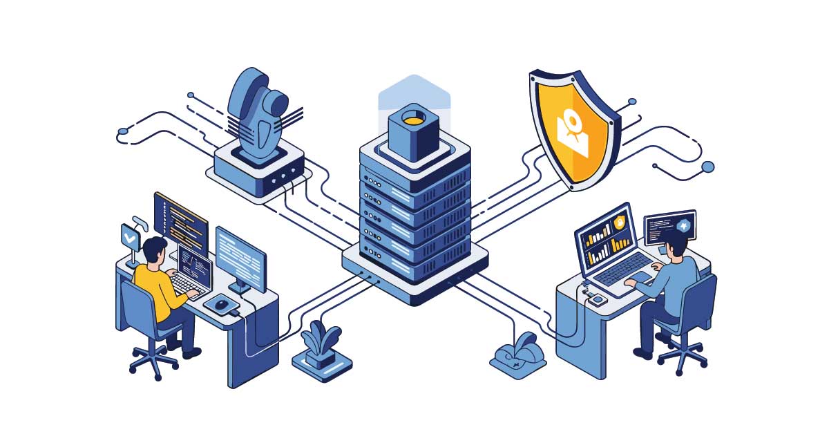 Graphic showing simplified IT management and secure access for hybrid teams.