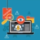 Business professional reviewing email spoofing alert on laptop screen with security shield icon overlay