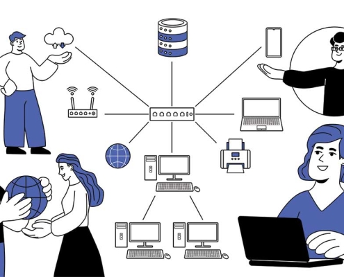 Business professionals planning an office move while reviewing network infrastructure and technology requirements