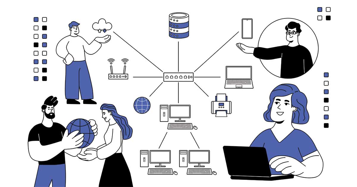 Business professionals planning an office move while reviewing network infrastructure and technology requirements